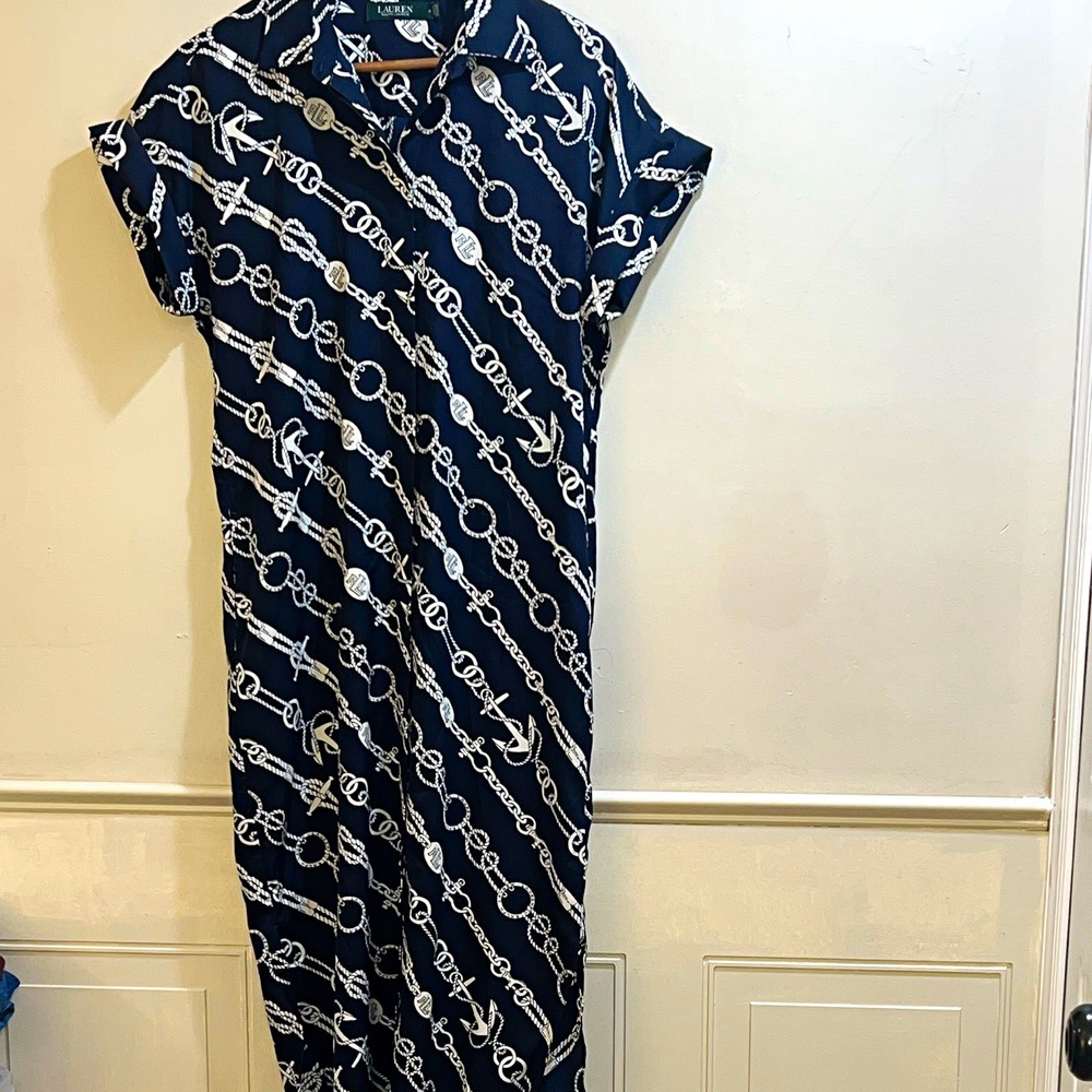 Lauren Ralph Lauren Womens 6 Navy White Nautical Silk Satin Shirt Midi Dress